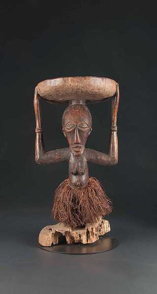  Ritual-Hocker, Songe, Dem. Rep. Kongo, Holz, Bast, Höhe 46 cm