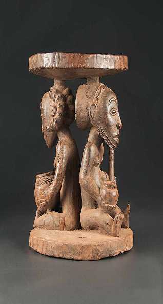  Ritual-Hocker mit Frau u. Mann, Luba, Dem. Rep. Kongo, Holz, Höhe 35 cm
